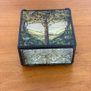 Tree Of Life Stained Glass Art Jewelry Box With Mirror - Tiffany Style